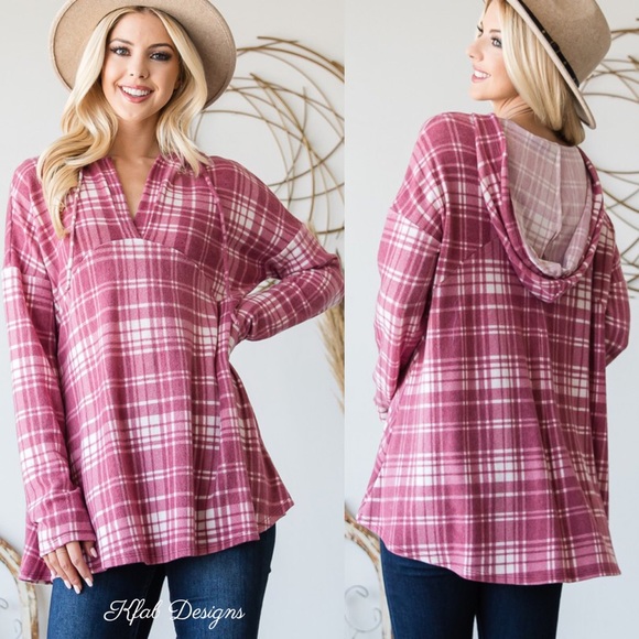❤️LAST 1! V Neck Soft Check Print Relaxed Fit Hoodie! - Picture 5 of 8